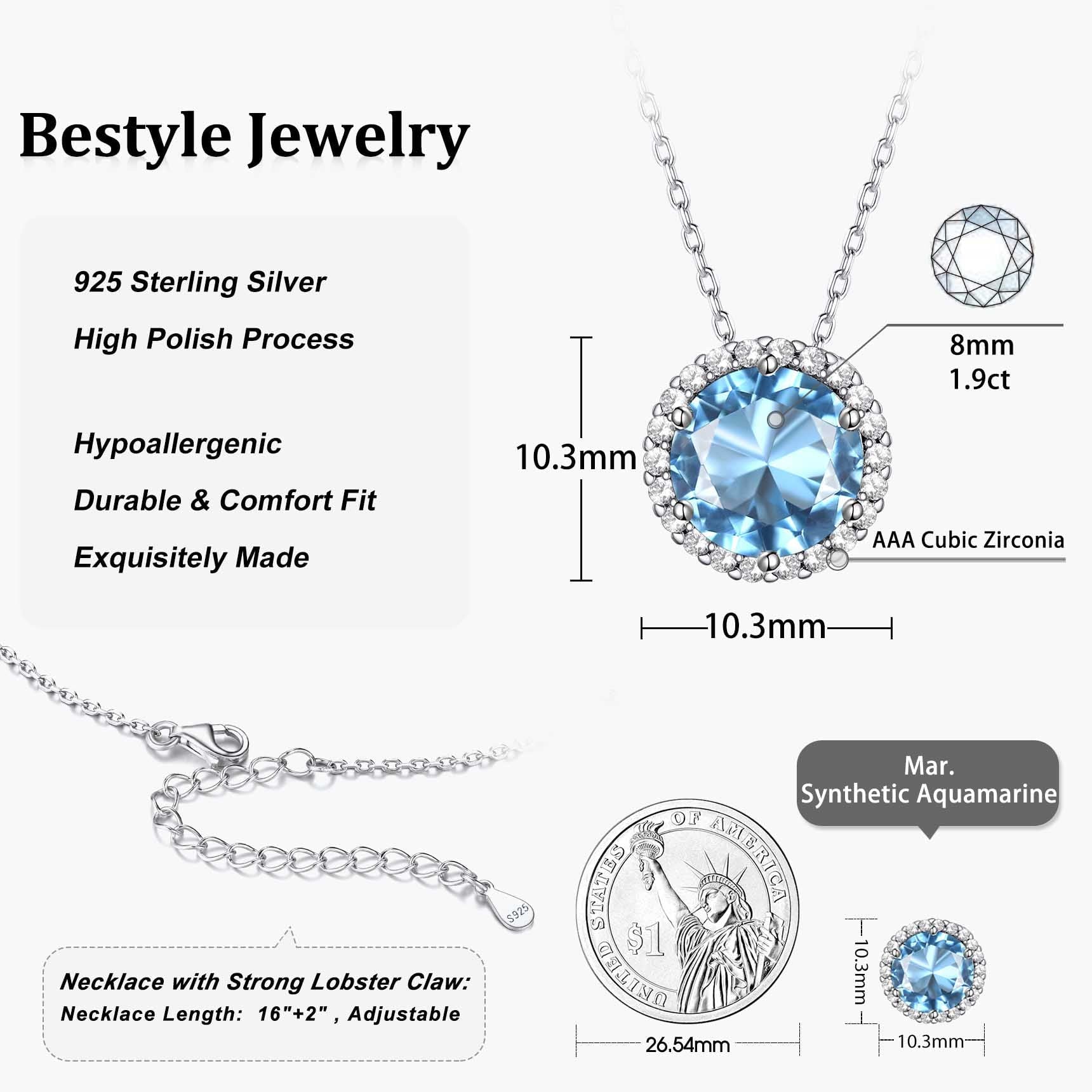 Birthstone Necklace for Women Pure 925 Sterling Silver Necklaces March round Blue Aquamarine Crystal Pendant Gifts for Everyday Wear Mother'S Day