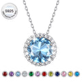 Birthstone Necklace for Women Pure 925 Sterling Silver Necklaces March round Blue Aquamarine Crystal Pendant Gifts for Everyday Wear Mother'S Day